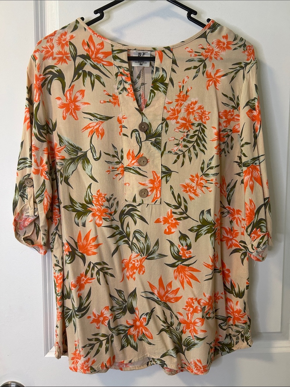 Cream Floral Button-Front Tunic with Orange & Green Print